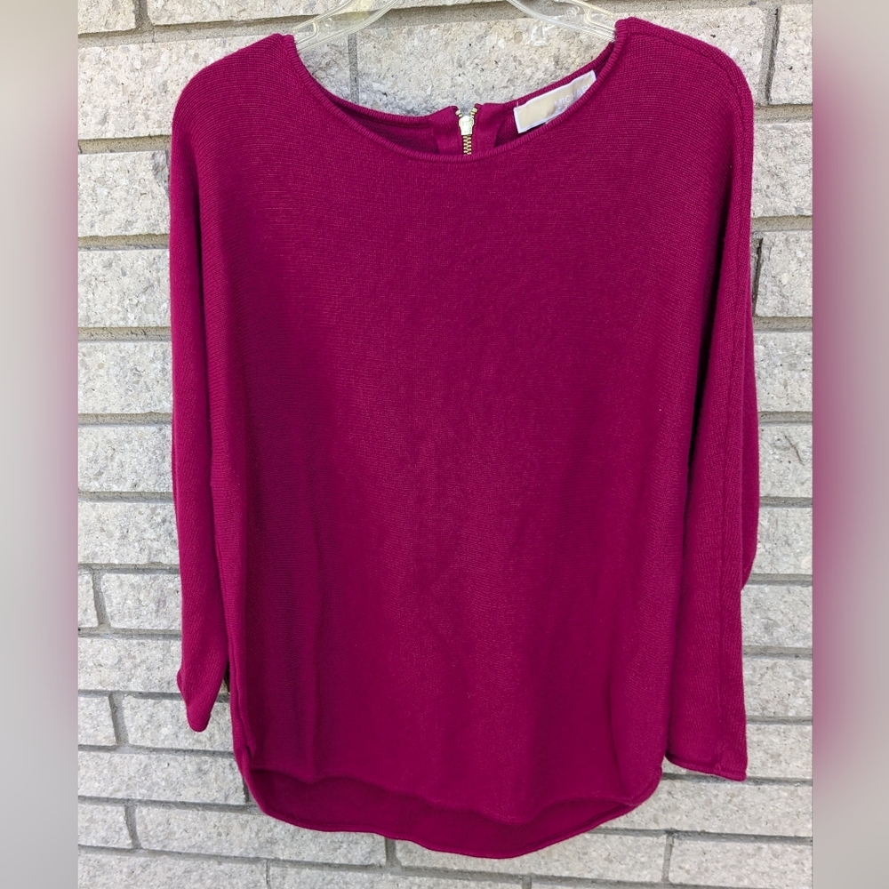 Michael Kors Sweater Hi Low Round Hem Knit Top Large Fuchsia Pink Back Zip Knit